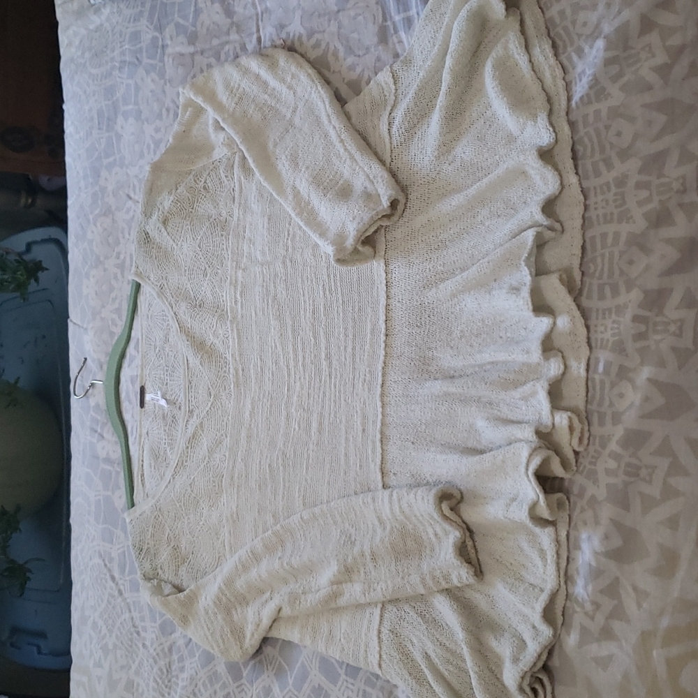 Free People Boucle Knit Ivory Ruffle Bottom Lace Insert Top - Picture 13 of 16